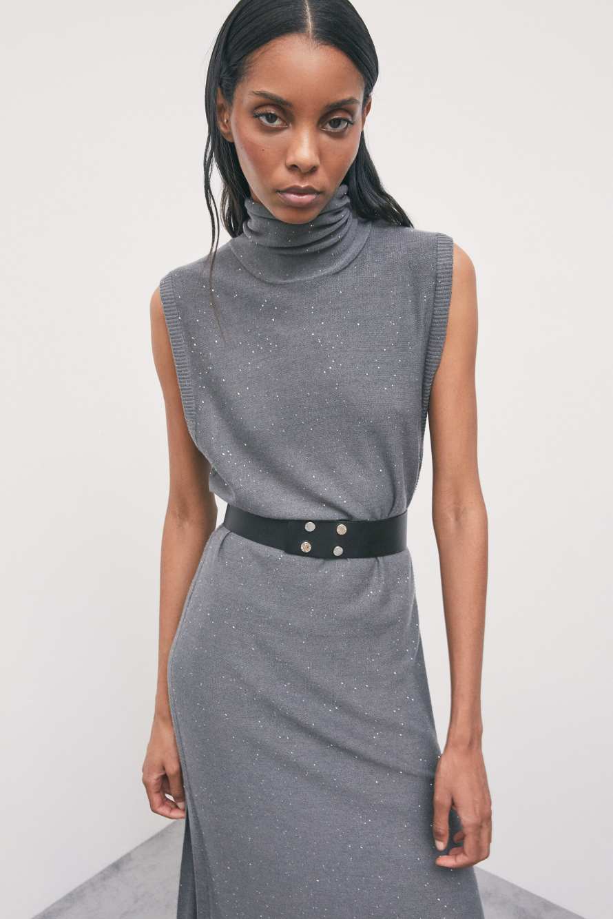 Belted midi knit dress, Grey, Patrizia Pepe