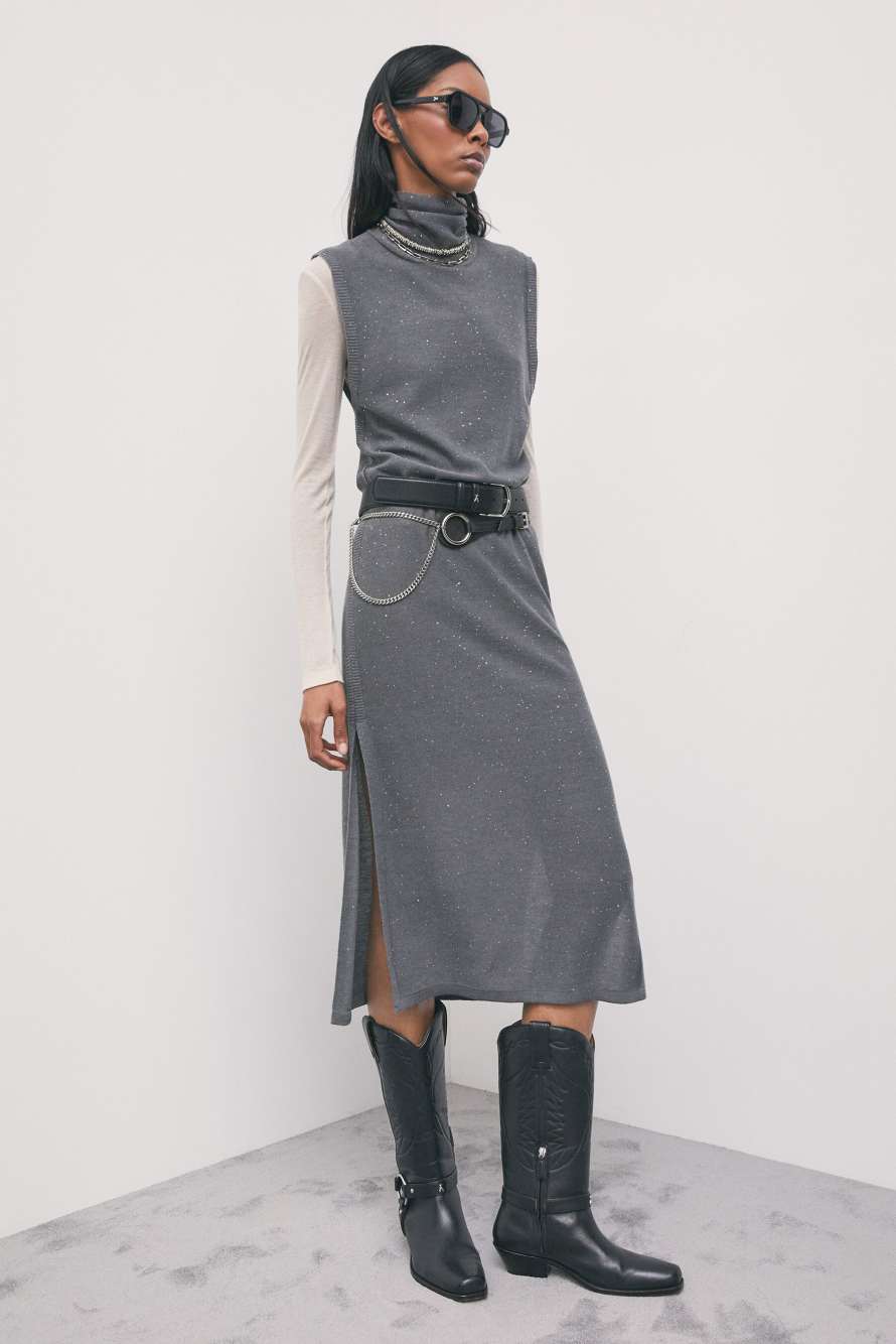 Belted midi knit dress, Grey, Patrizia Pepe