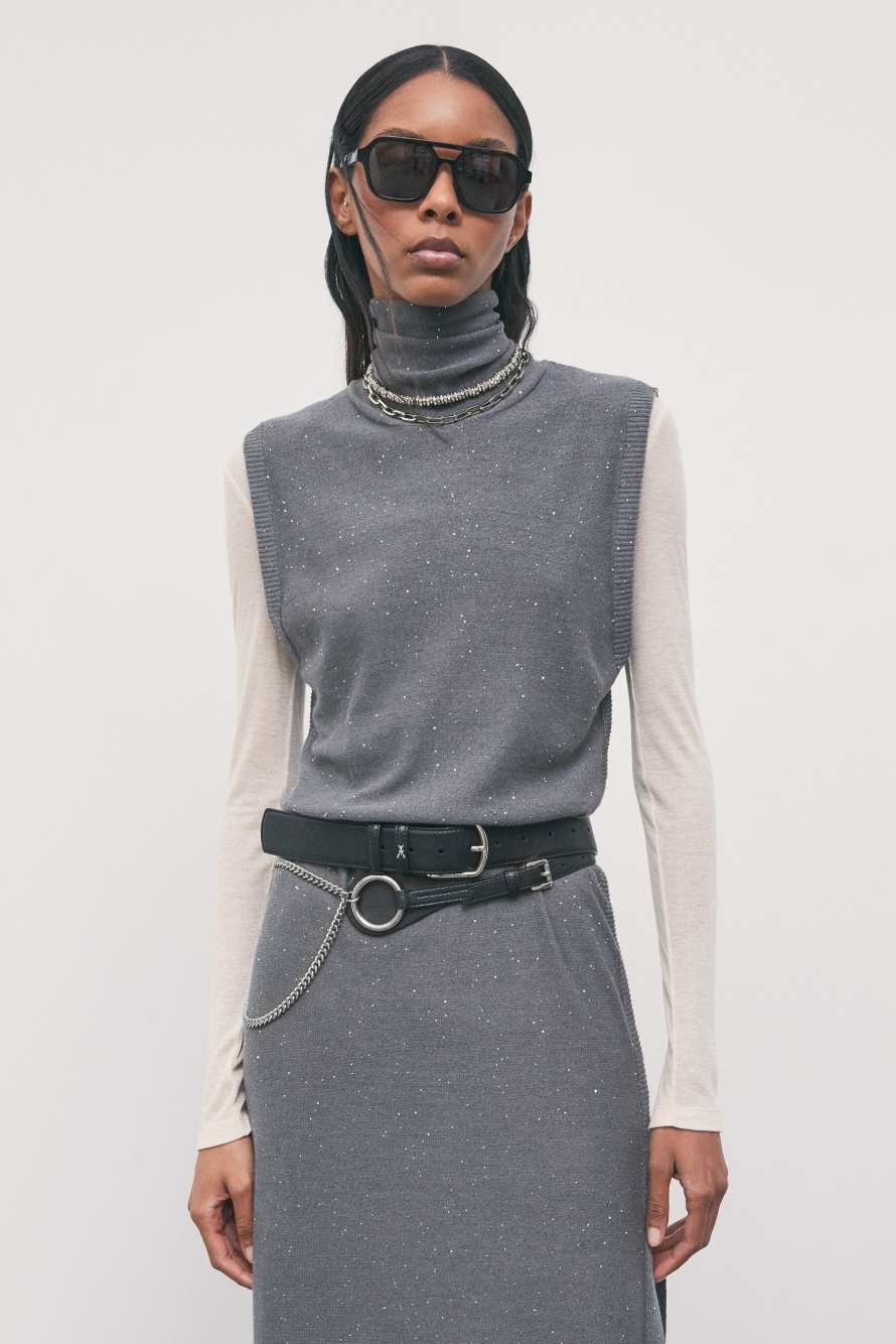Belted midi knit dress, Grey, Patrizia Pepe