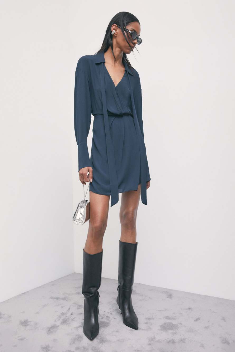 Tie-neck mini dress in viscose cr&ecirc;pe, Blue, Patrizia Pepe