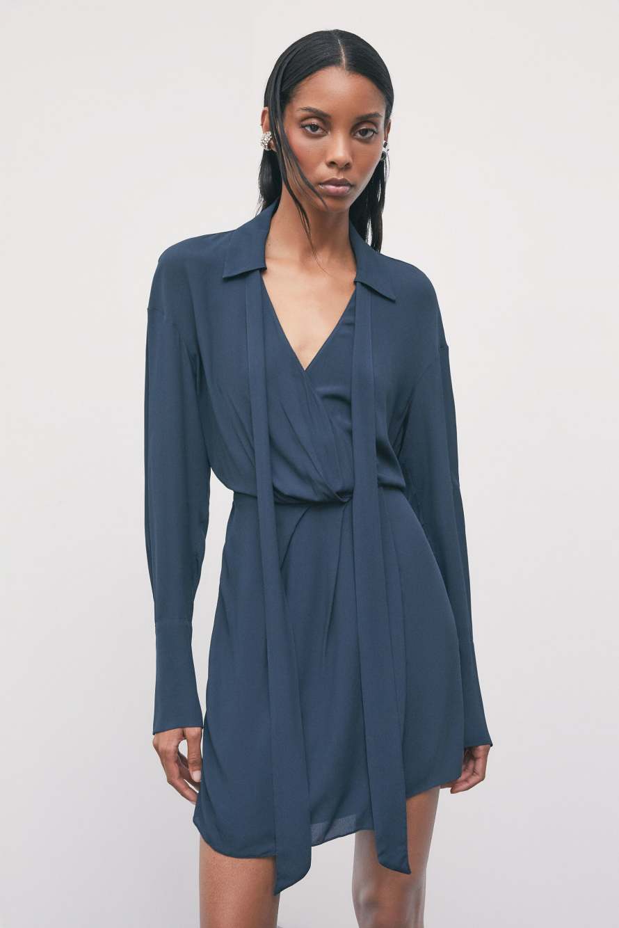 Tie-neck mini dress in viscose cr&ecirc;pe, Blue, Patrizia Pepe