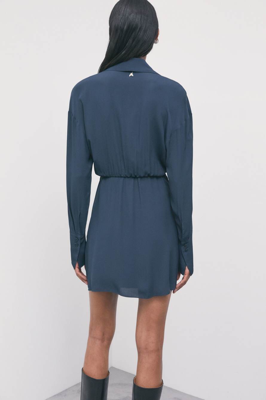 Tie-neck mini dress in viscose cr&ecirc;pe, Blue, Patrizia Pepe