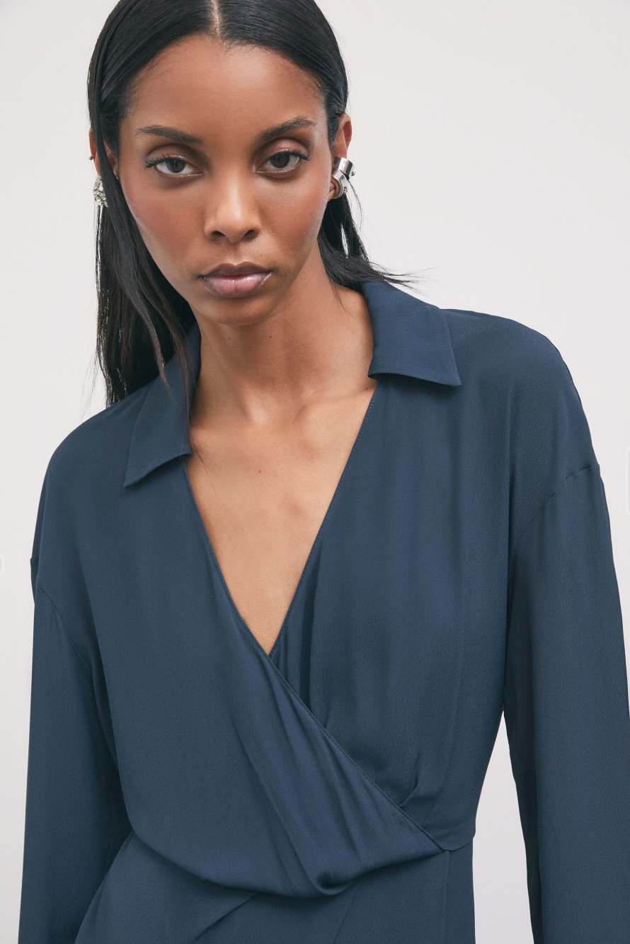 Tie-neck mini dress in viscose cr&ecirc;pe, Blue, Patrizia Pepe