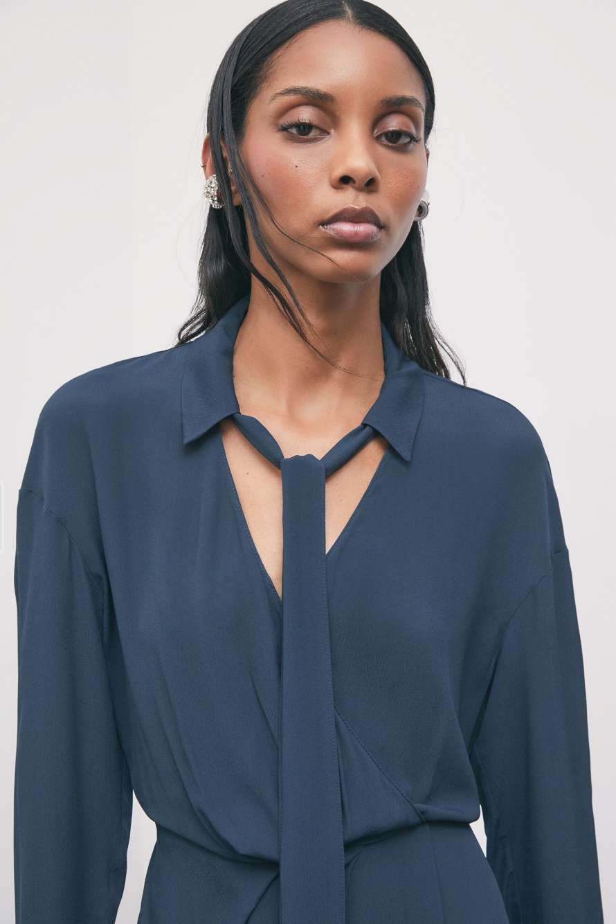 Tie-neck mini dress in viscose cr&ecirc;pe, Blue, Patrizia Pepe