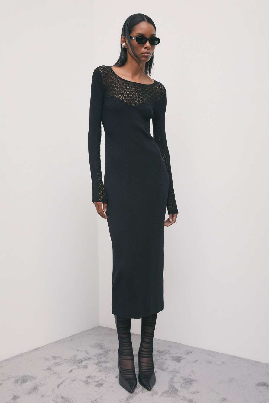 Lace-effect knit midi dress, Black, Patrizia Pepe