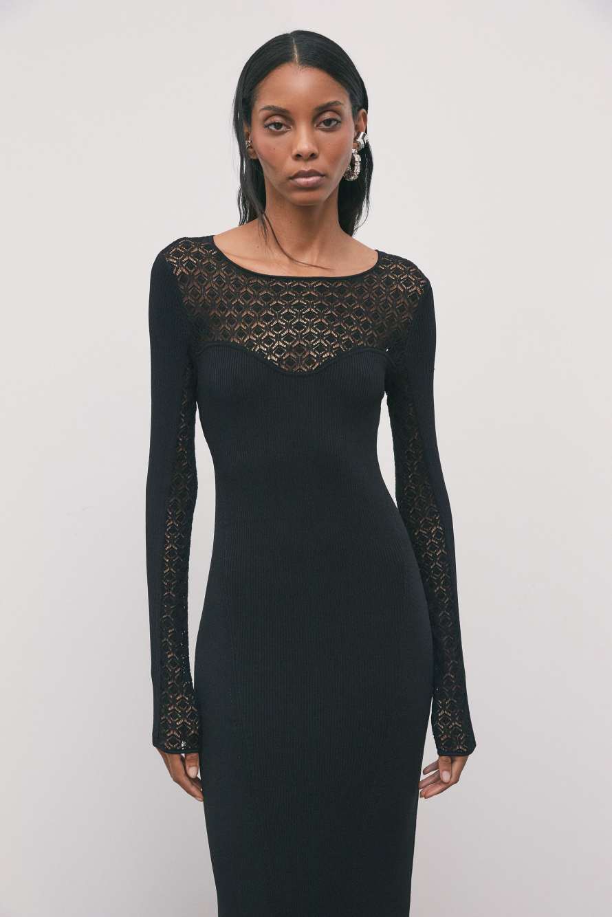 Lace-effect knit midi dress, Black, Patrizia Pepe