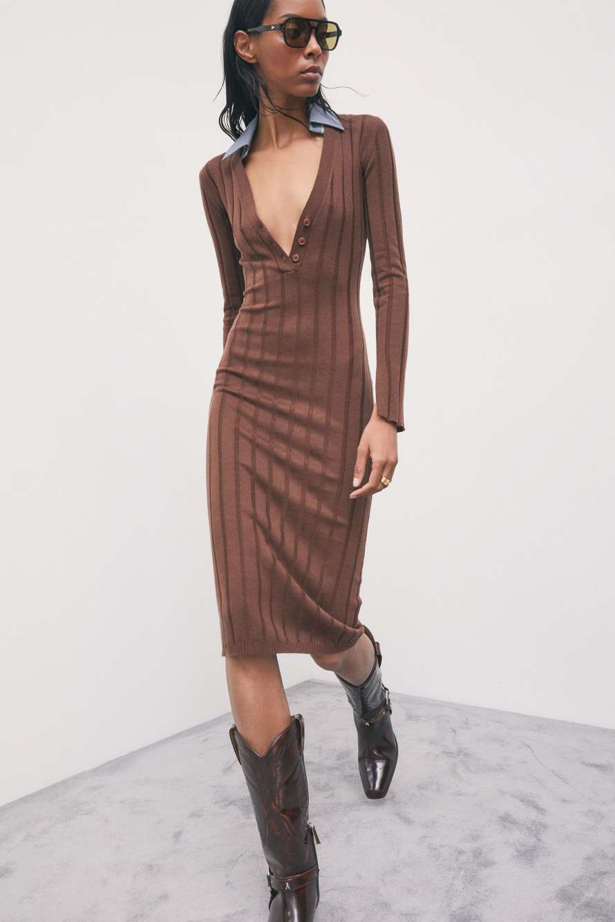 Midi knit dress with contrast collar, Brown, Patrizia Pepe