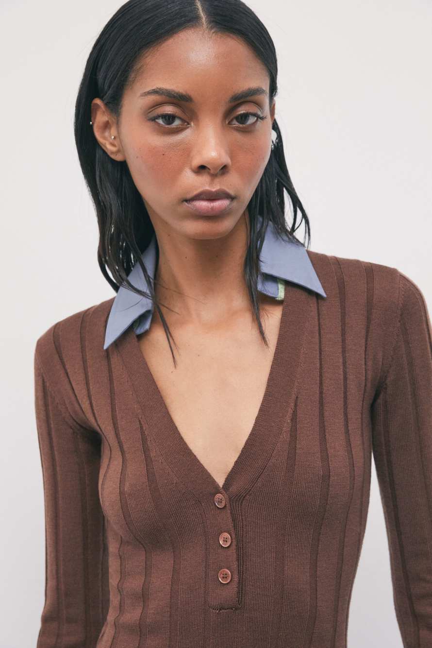 Midi knit dress with contrast collar, Brown, Patrizia Pepe