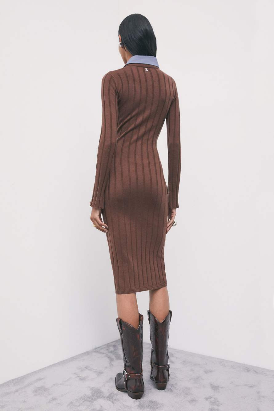Midi knit dress with contrast collar, Brown, Patrizia Pepe