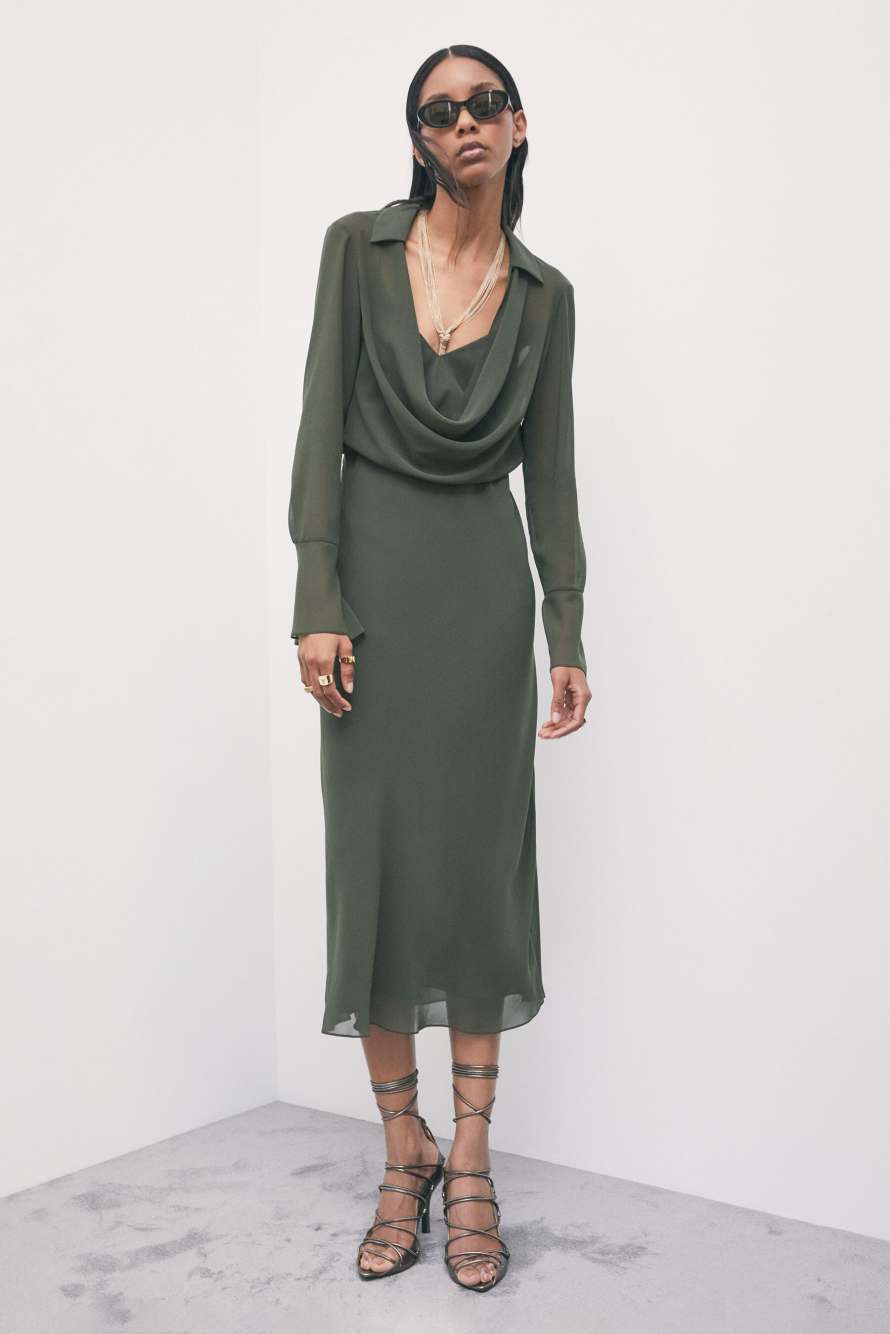 Cowl-neck midi dress in georgette, Green, Patrizia Pepe