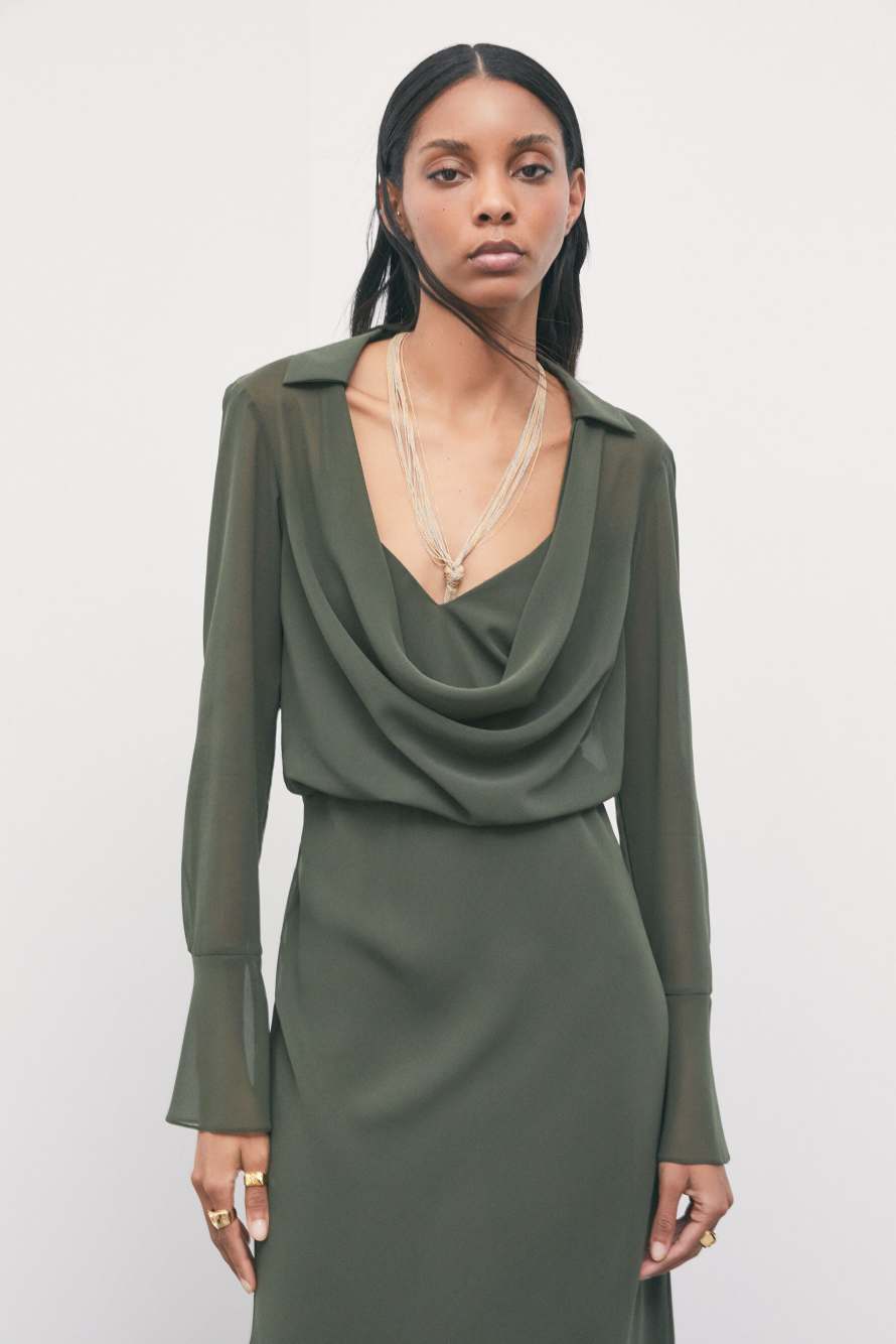 Cowl-neck midi dress in georgette, Green, Patrizia Pepe