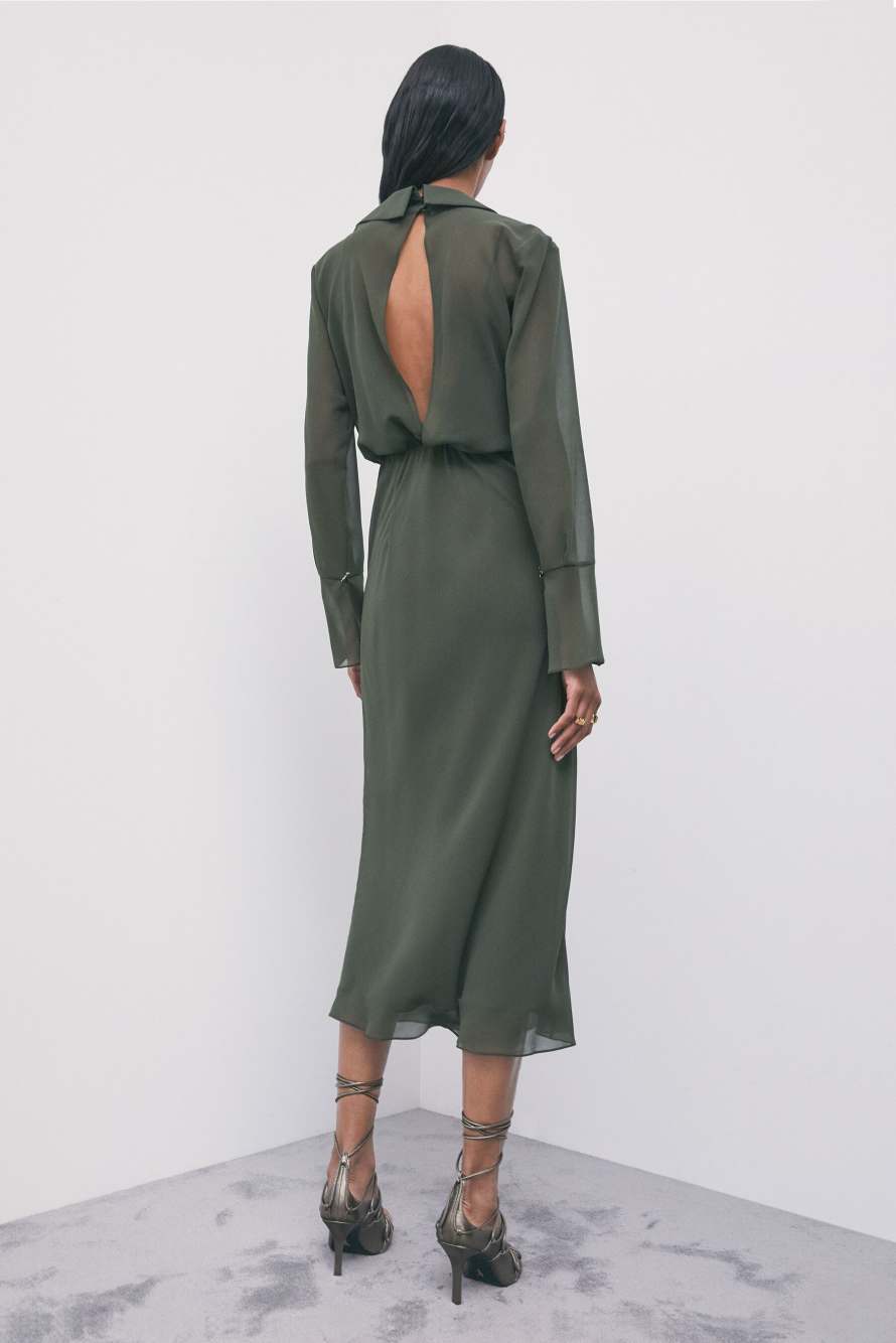 Cowl-neck midi dress in georgette, Green, Patrizia Pepe