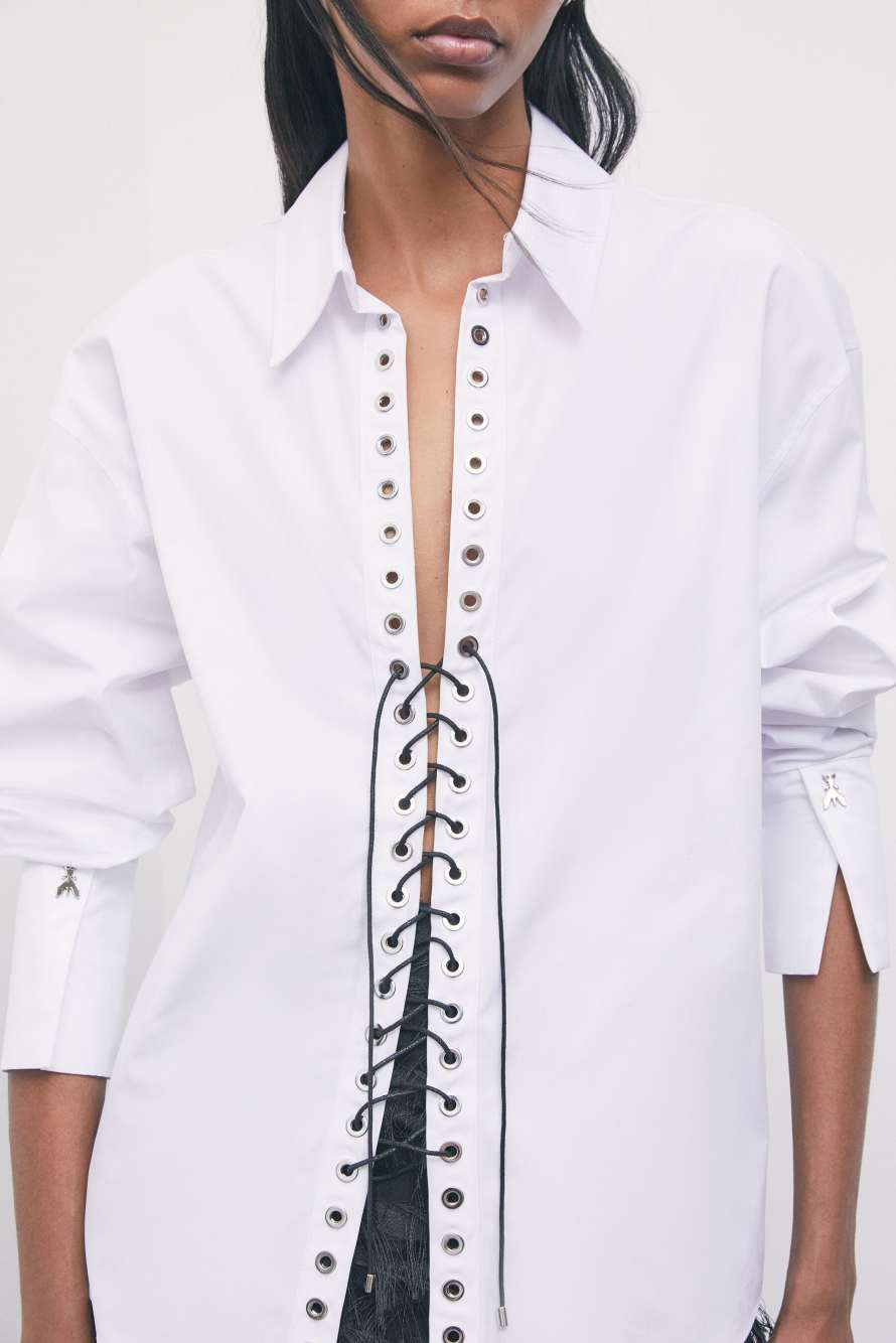Cotton shirt with lace-up detail, White, Patrizia Pepe