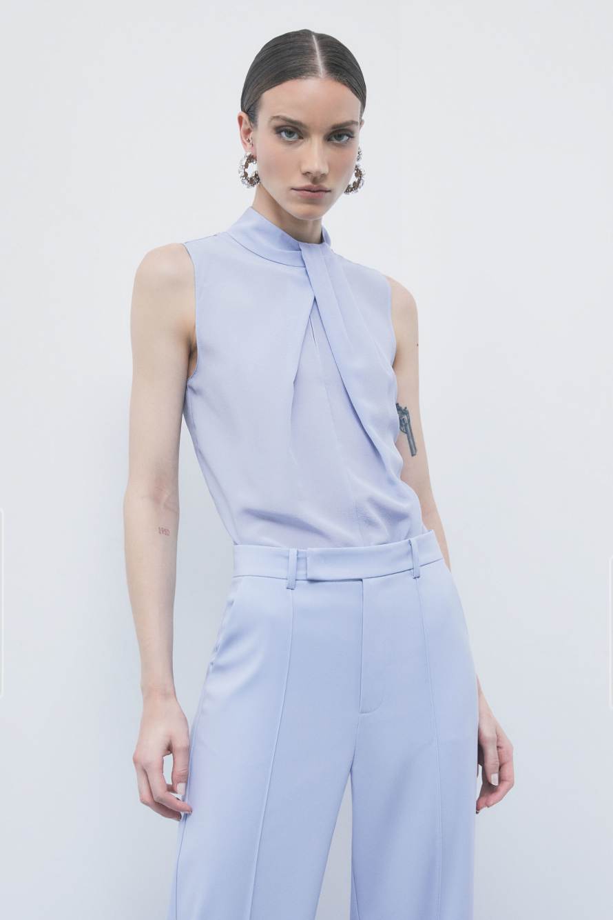 High-neck silk blouse with pleat detail, Light Blue, Patrizia Pepe
