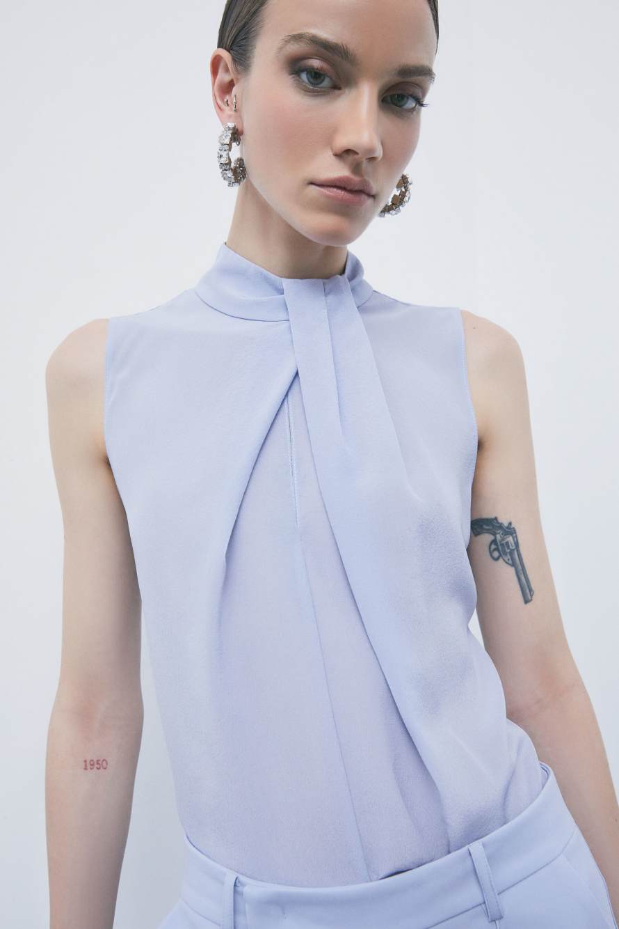 High-neck silk blouse with pleat detail, Light Blue, Patrizia Pepe