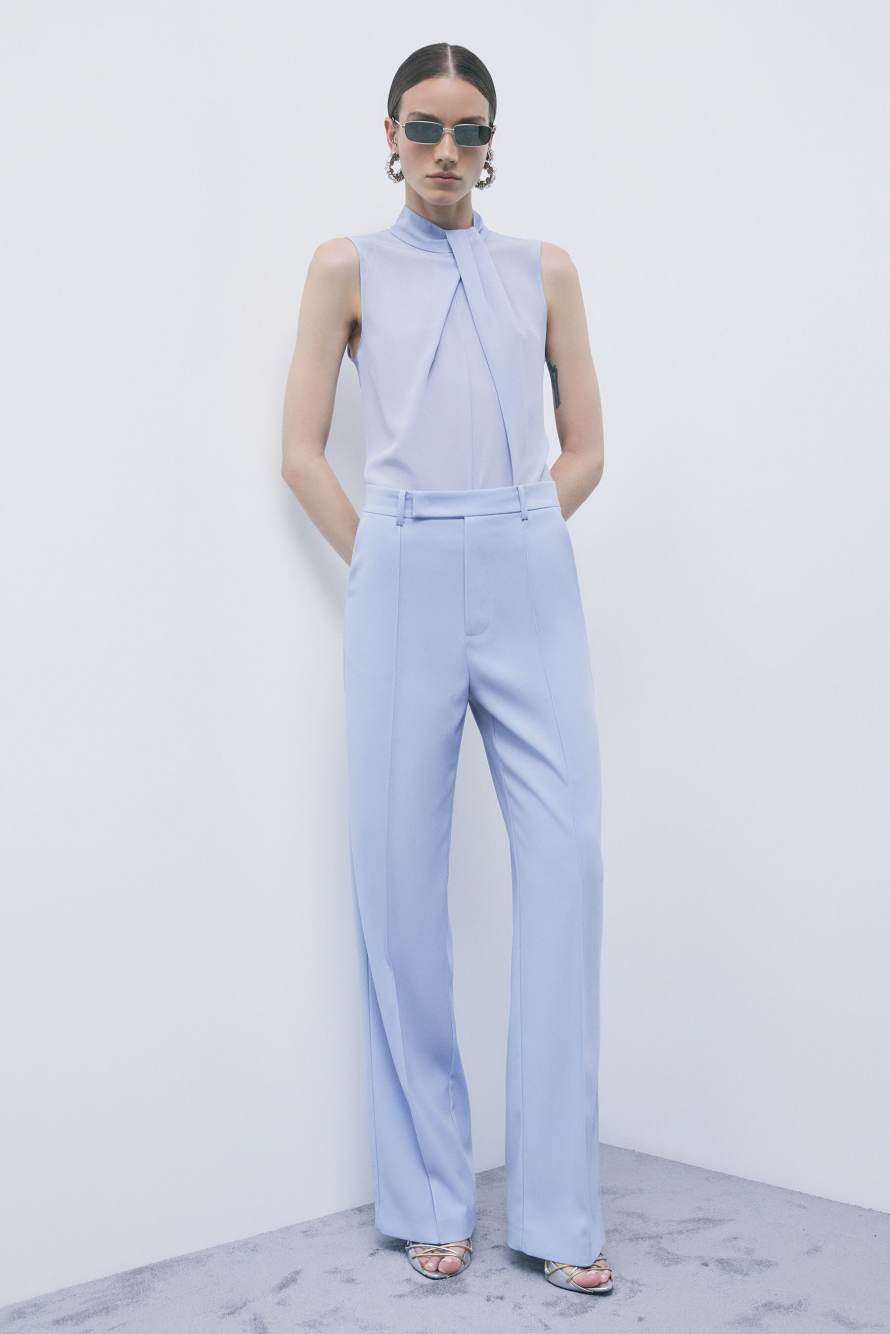 High-neck silk blouse with pleat detail, Light Blue, Patrizia Pepe