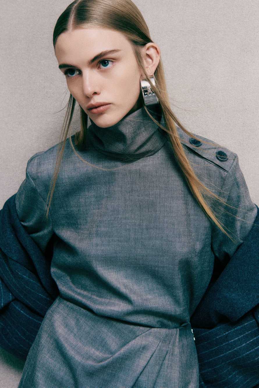 High-neck flannel blouse with buttons, Grey, Patrizia Pepe