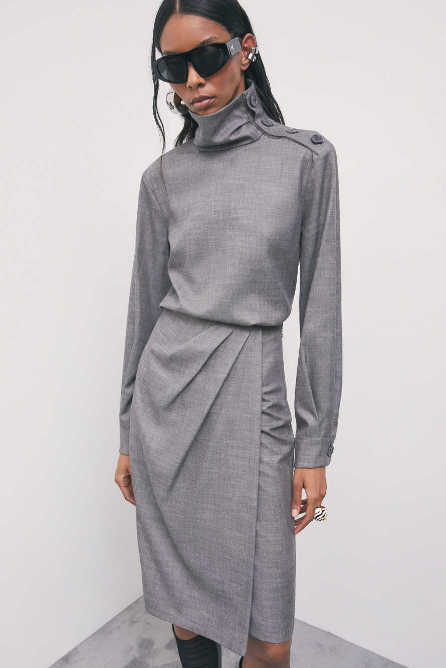 High-neck flannel blouse with buttons, Grey, Patrizia Pepe