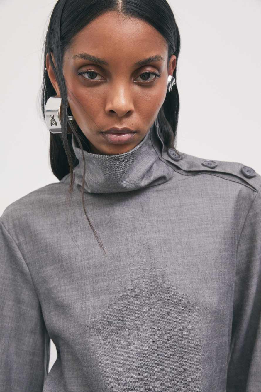 High-neck flannel blouse with buttons, Grey, Patrizia Pepe