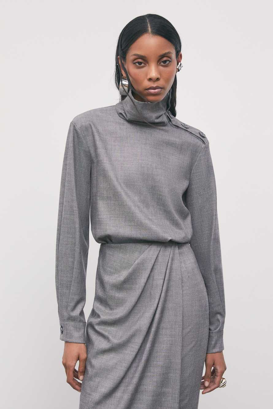 High-neck flannel blouse with buttons, Grey, Patrizia Pepe