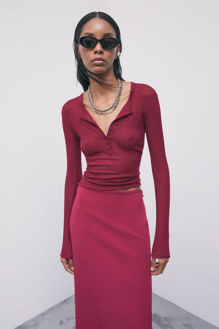 Rib-knit wool top with button placket, Red, Patrizia Pepe