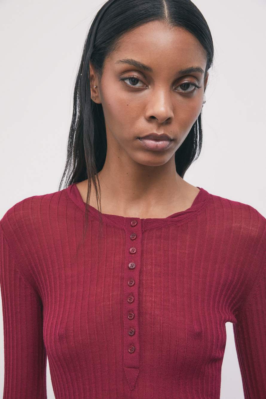 Rib-knit wool top with button placket, Red, Patrizia Pepe