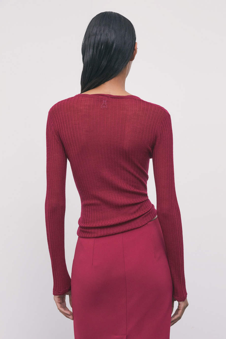 Rib-knit wool top with button placket, Red, Patrizia Pepe