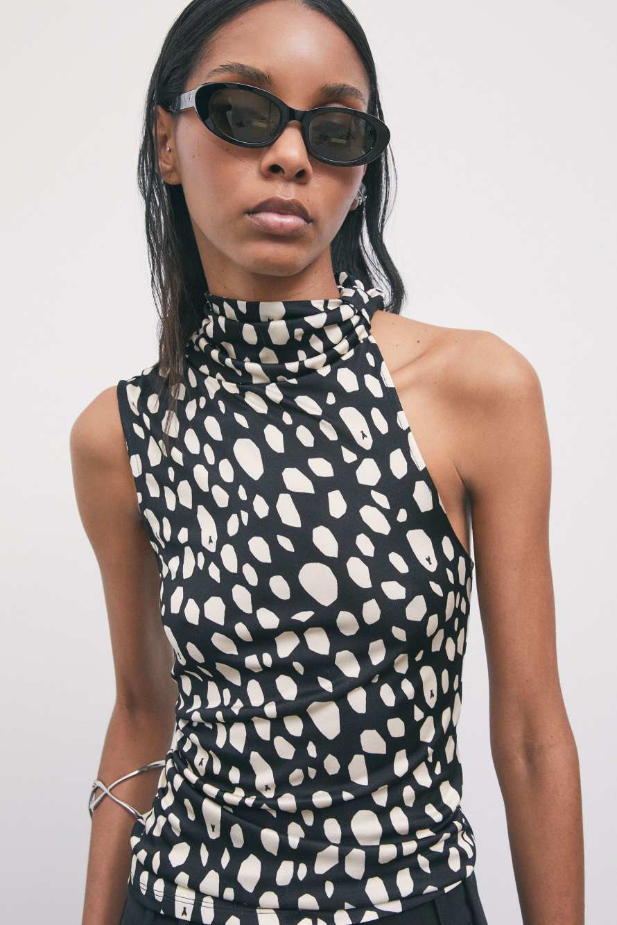 Top asym&eacute;trique en viscose et soie imprim&eacute;, Fantaisie abstraite, Patrizia Pepe