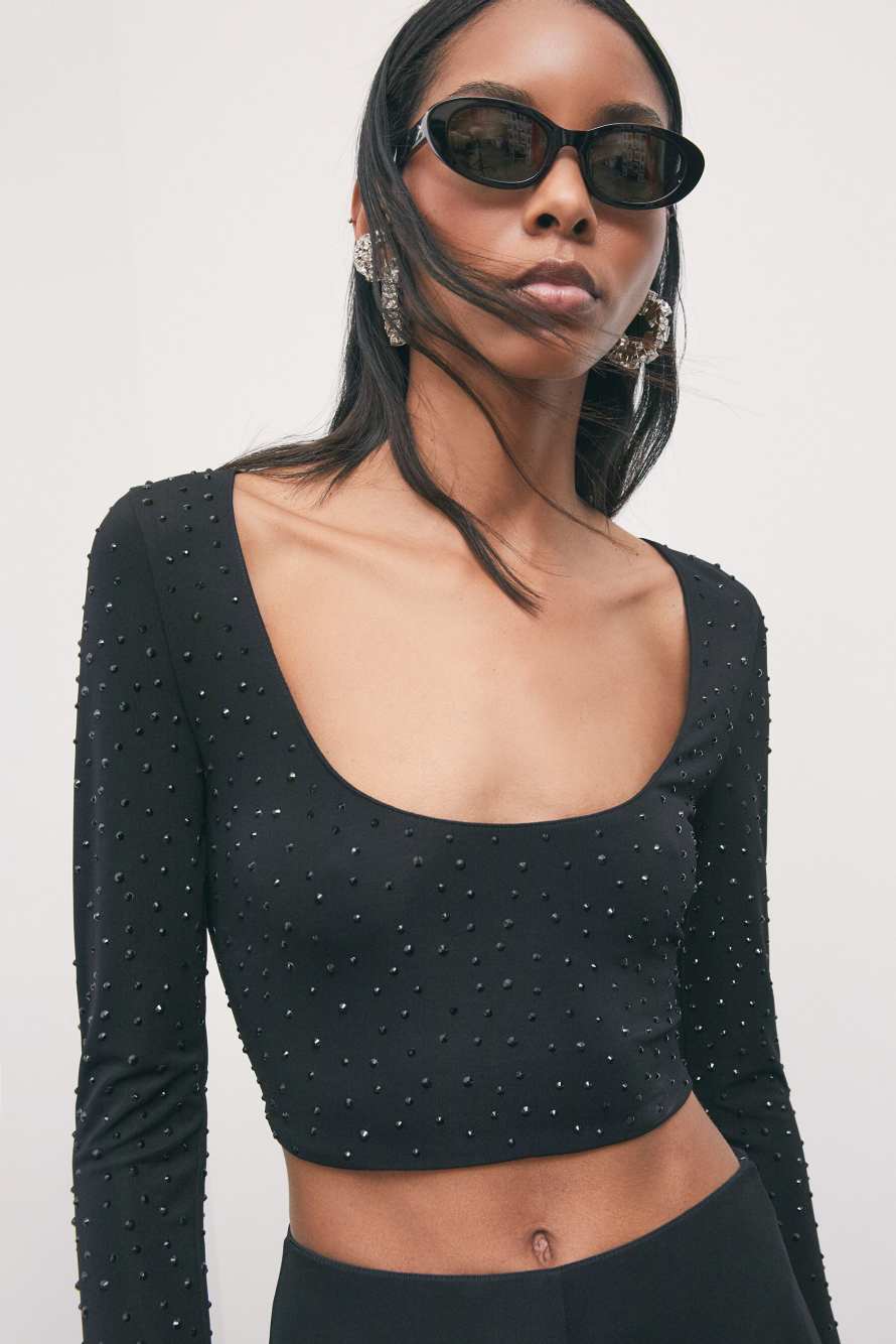 Long-sleeve cropped top with rhinestones, Black, Patrizia Pepe
