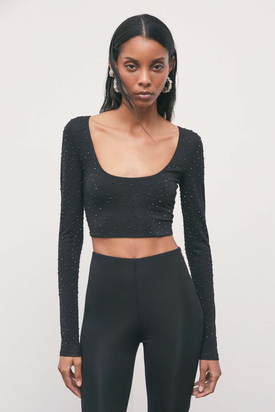 Long-sleeve cropped top with rhinestones, Black, Patrizia Pepe