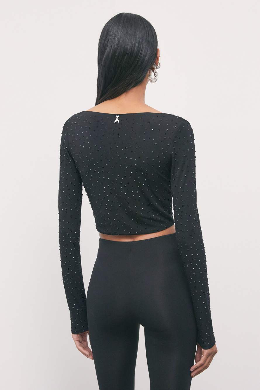 Long-sleeve cropped top with rhinestones, Black, Patrizia Pepe