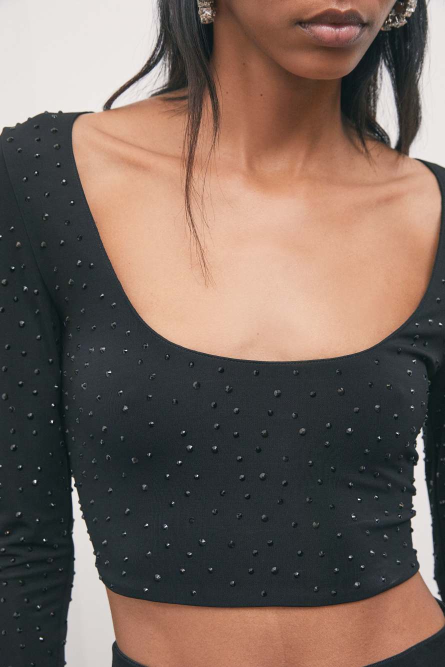 Long-sleeve cropped top with rhinestones, Black, Patrizia Pepe