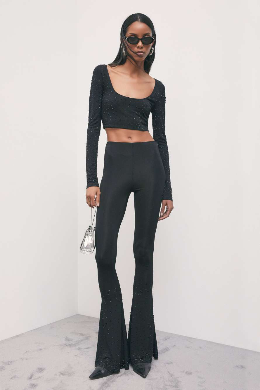 Long-sleeve cropped top with rhinestones, Black, Patrizia Pepe