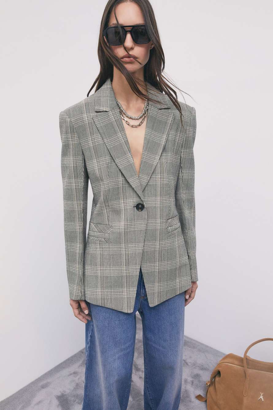 Blazer structur&eacute; &agrave; carreaux en m&eacute;lange de viscose, Fantaisie abstraite, Patrizia Pepe