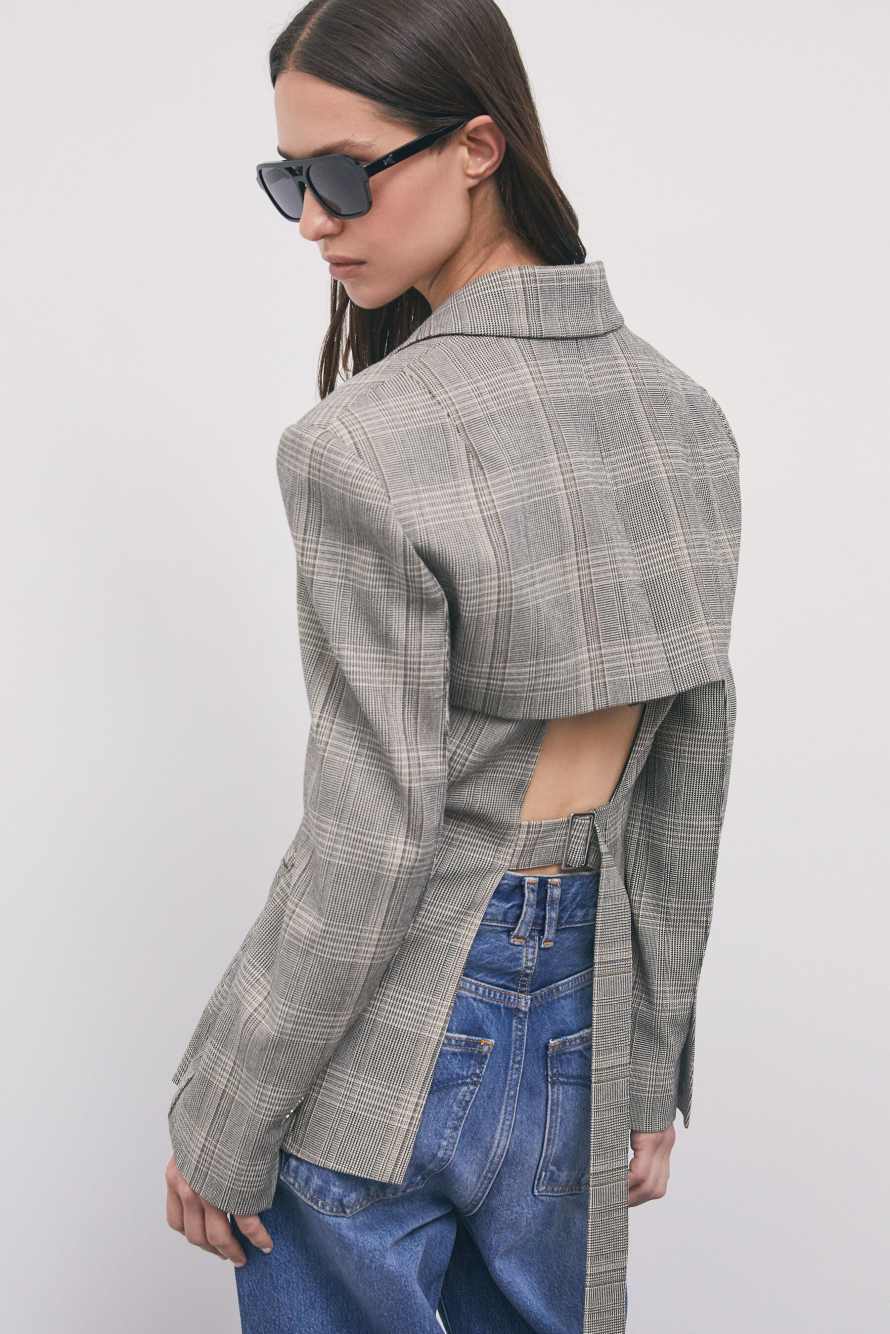 Blazer structur&eacute; &agrave; carreaux en m&eacute;lange de viscose, Fantaisie abstraite, Patrizia Pepe