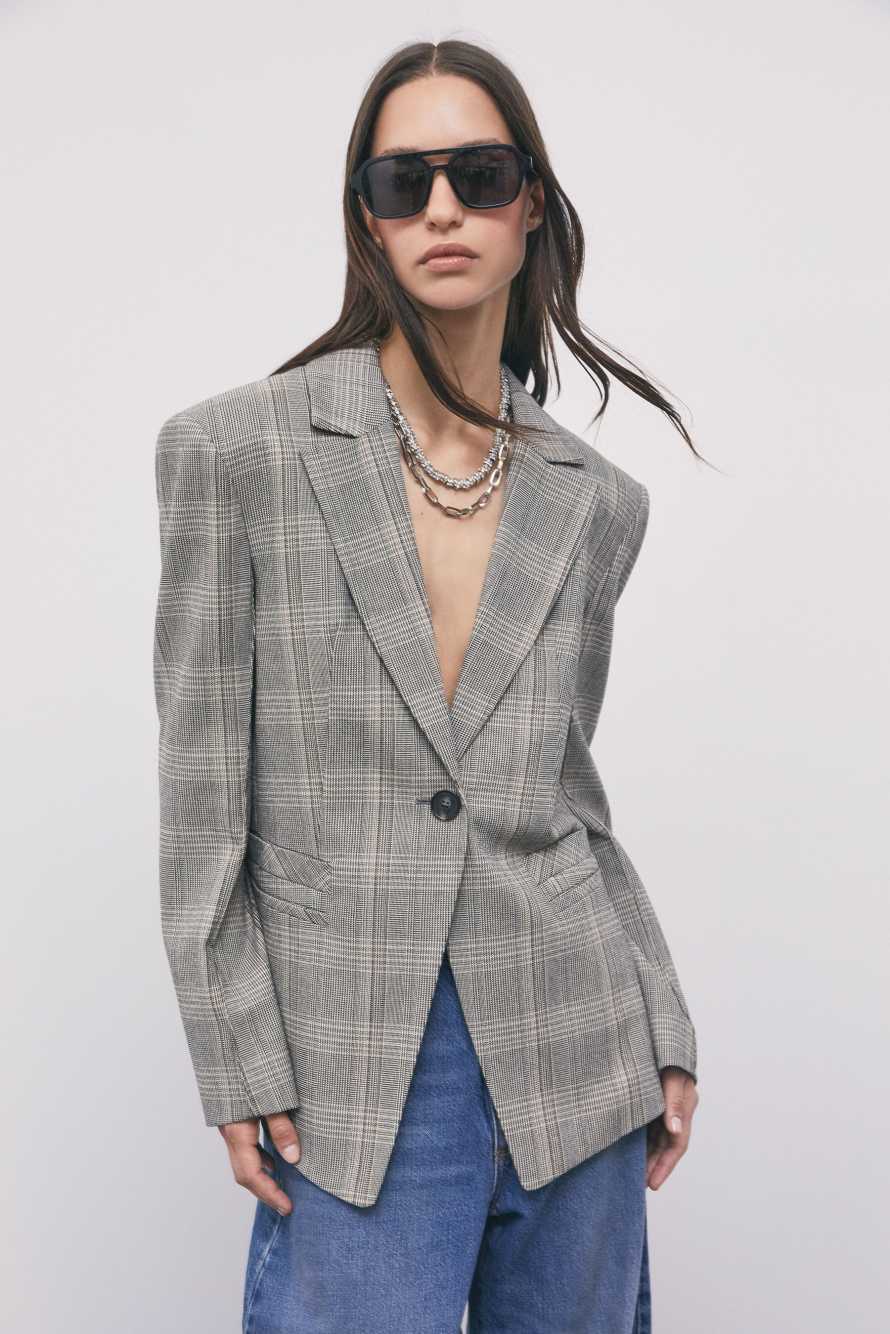 Blazer structur&eacute; &agrave; carreaux en m&eacute;lange de viscose, Fantaisie abstraite, Patrizia Pepe