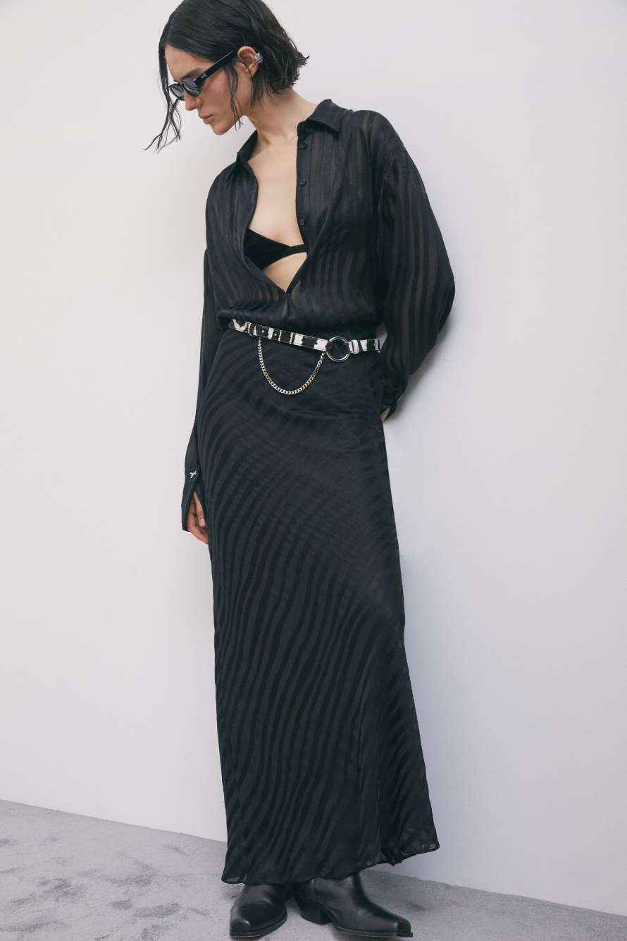 Long devor&eacute; skirt, Black, Patrizia Pepe