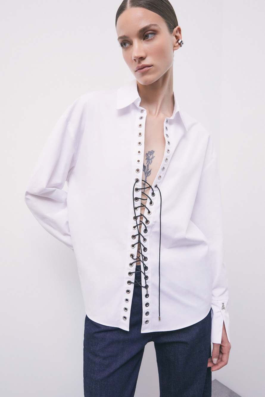 Cotton shirt with lace-up detail, White, Patrizia Pepe