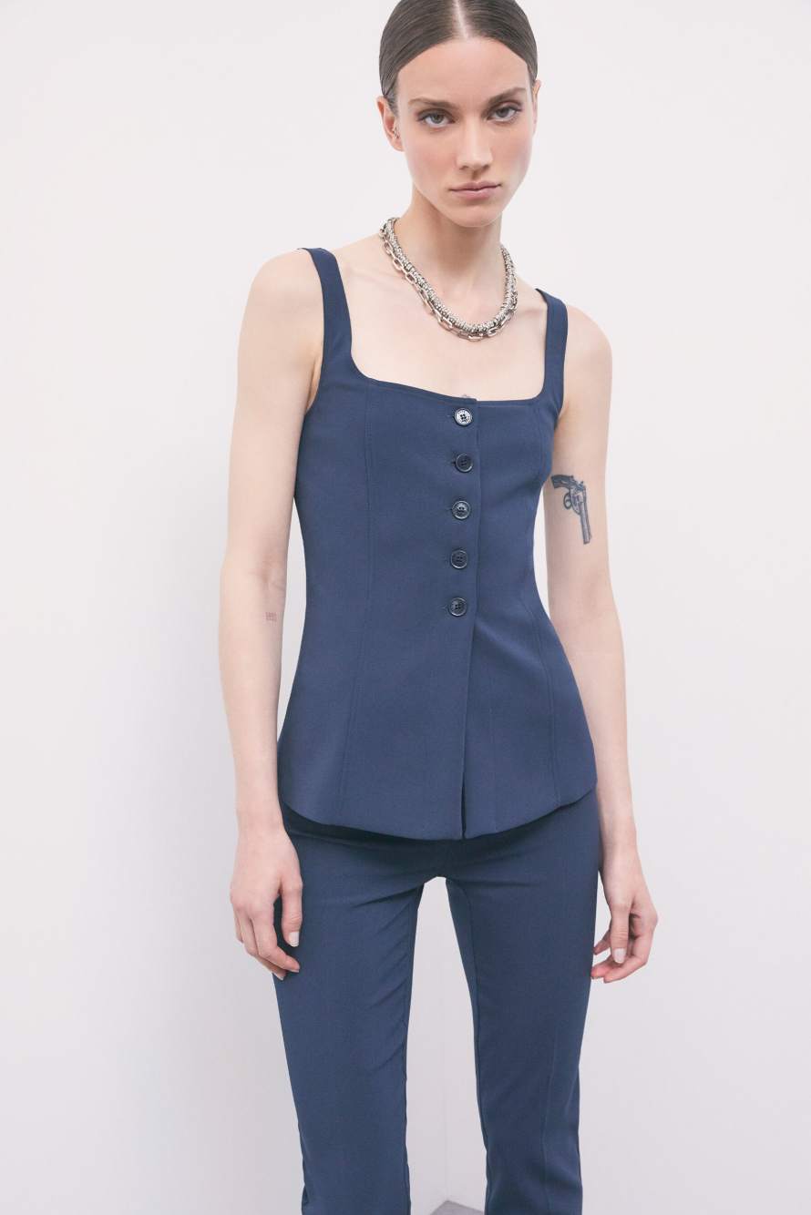 Bustier in cr&ecirc;pe stretch con bottoni, Blu, Patrizia Pepe
