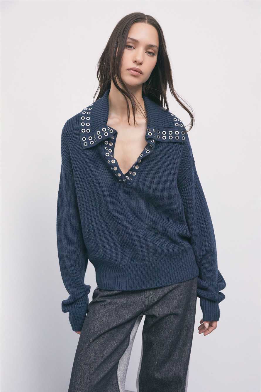 Wool-blend jumper with studs, Blue, Patrizia Pepe