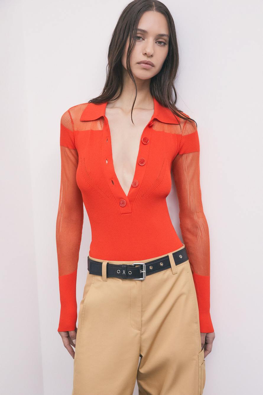Knit bodysuit with sheer details, Orange, Patrizia Pepe