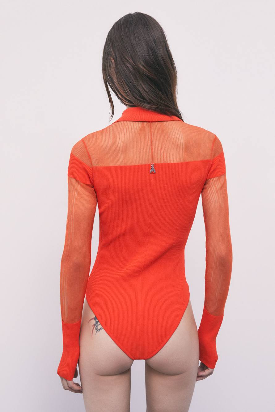 Knit bodysuit with sheer details, Orange, Patrizia Pepe