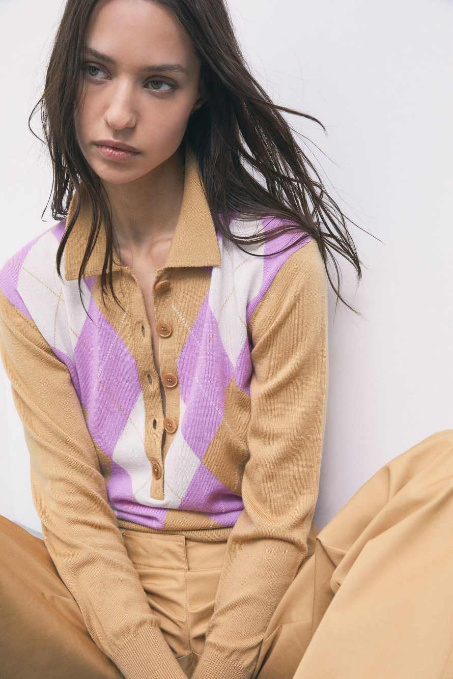 Pure wool polo jumper with diamond pattern, Multicolor, Patrizia Pepe