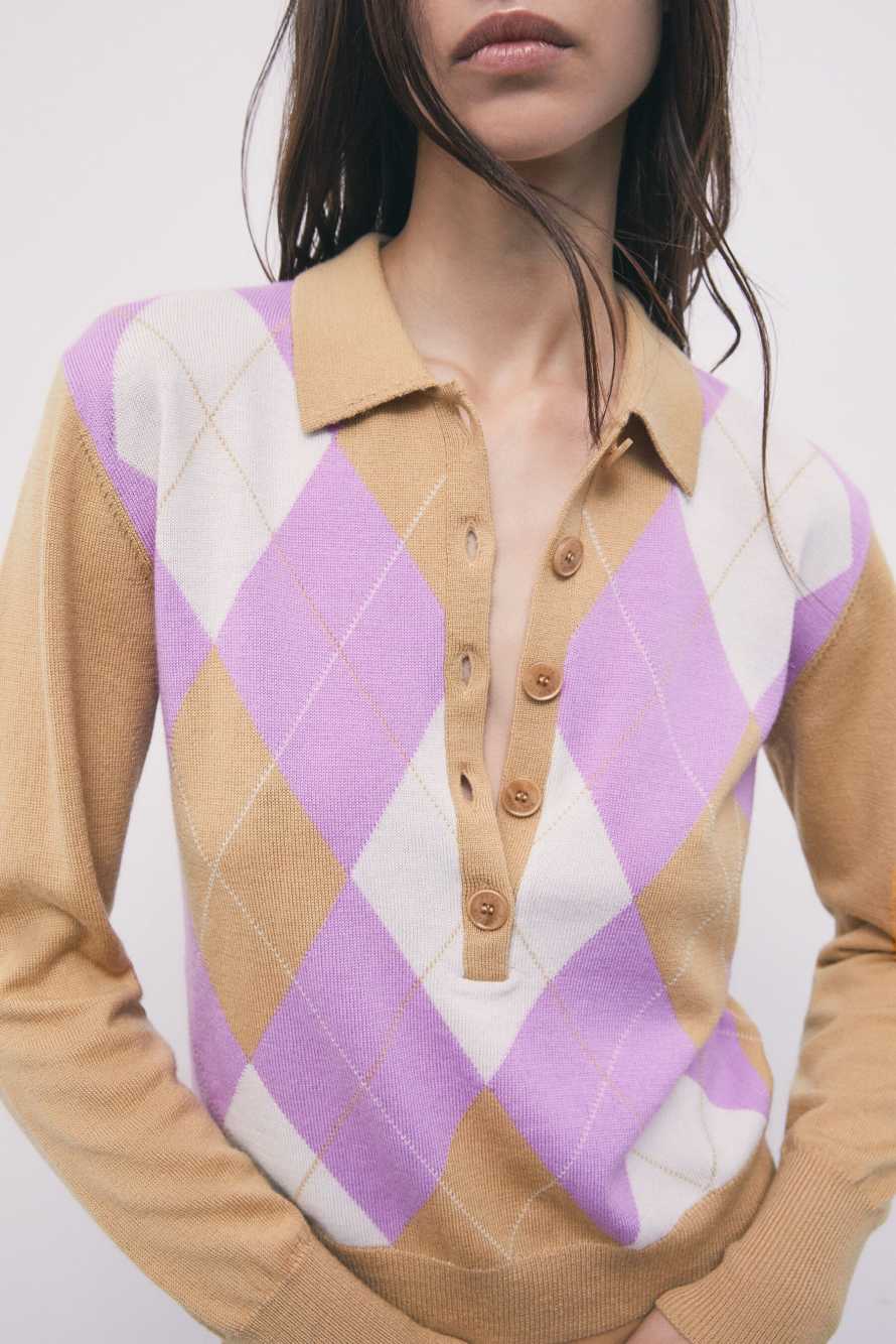 Pure wool polo jumper with diamond pattern, Multicolor, Patrizia Pepe