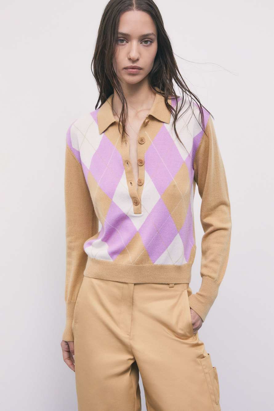 Pure wool polo jumper with diamond pattern, Multicolor, Patrizia Pepe