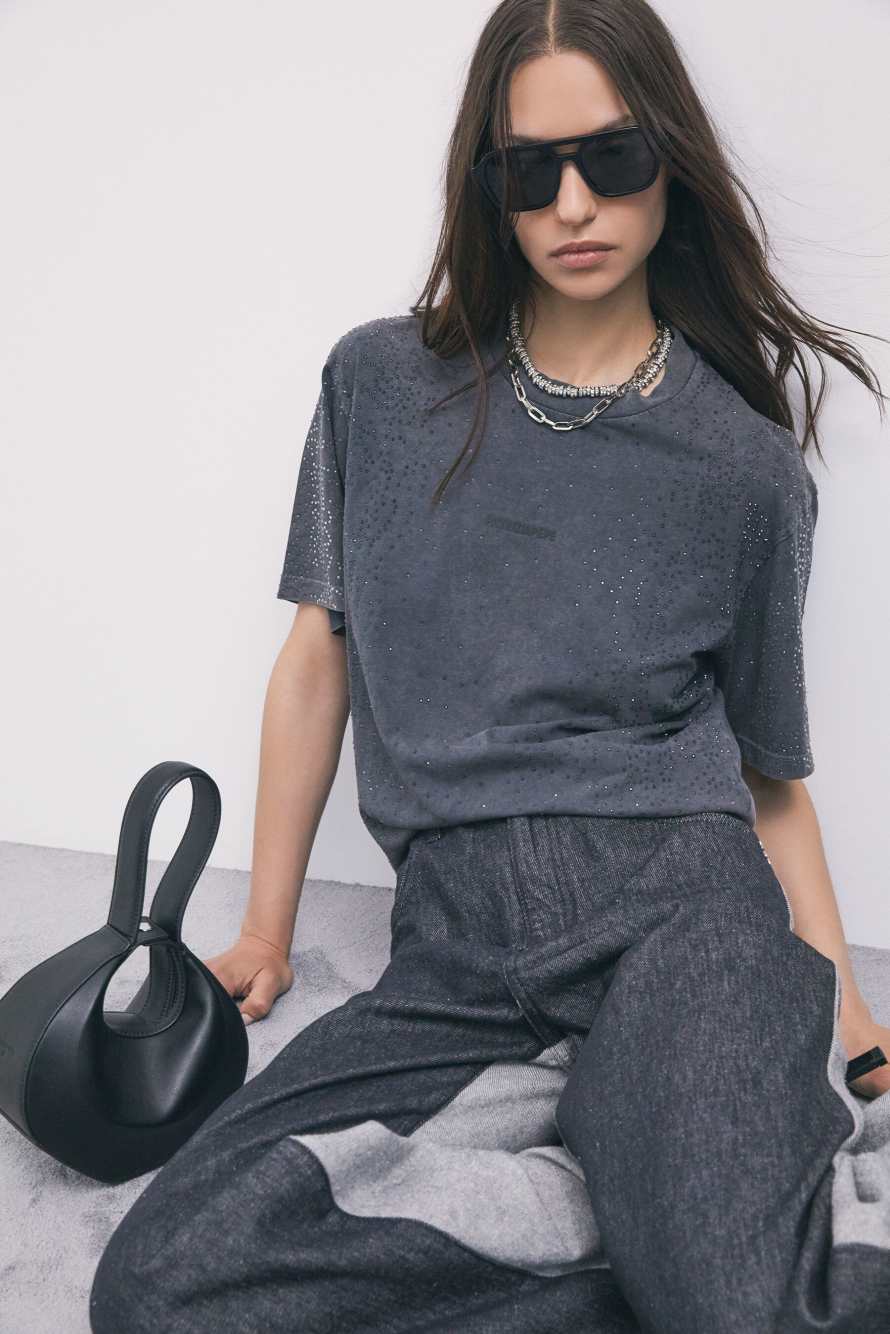 Cotton T-shirt with rhinestones, Grey, Patrizia Pepe