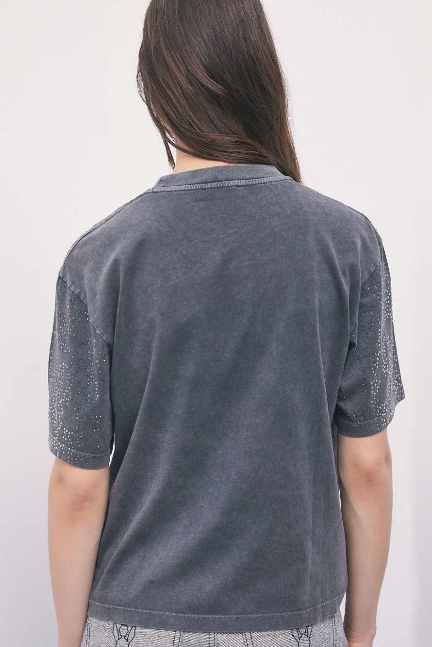 Cotton T-shirt with rhinestones, Grey, Patrizia Pepe