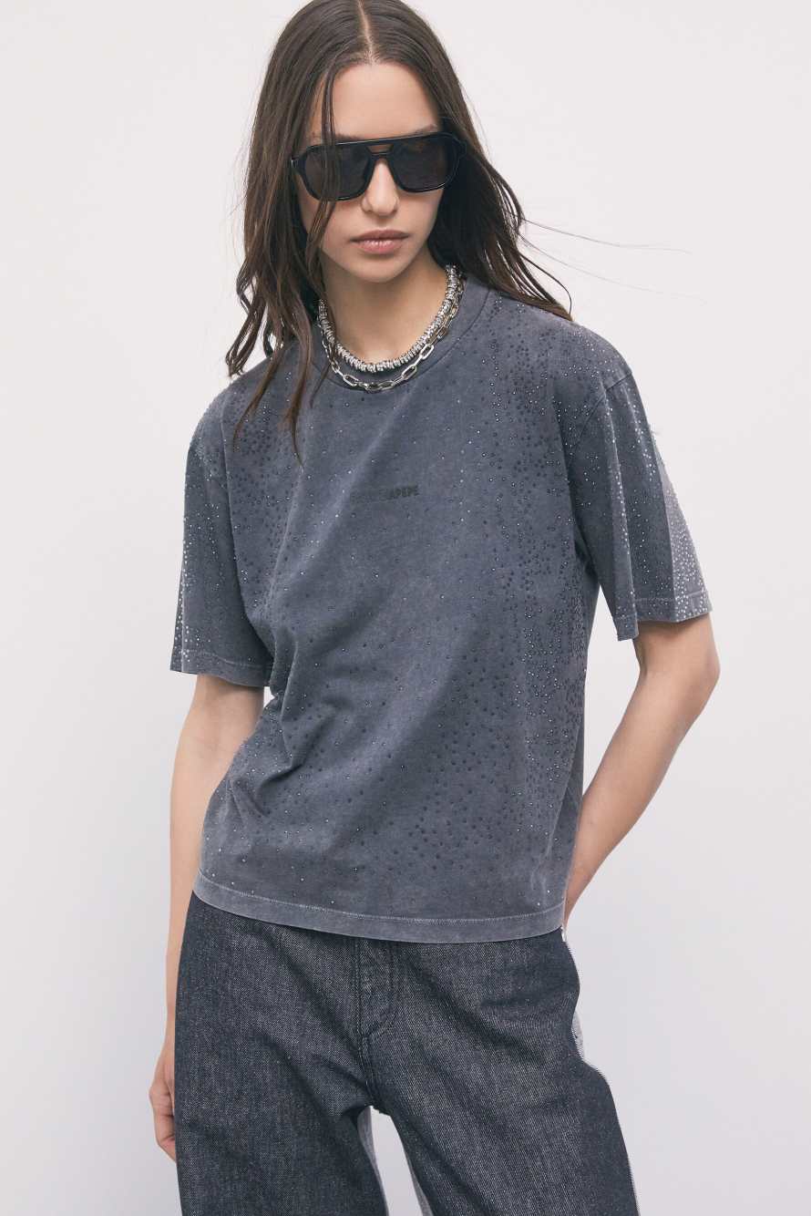Cotton T-shirt with rhinestones, Grey, Patrizia Pepe