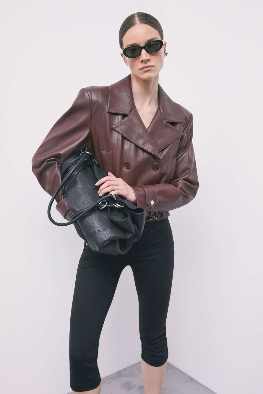 Belted cropped coated jacket, Brown, Patrizia Pepe