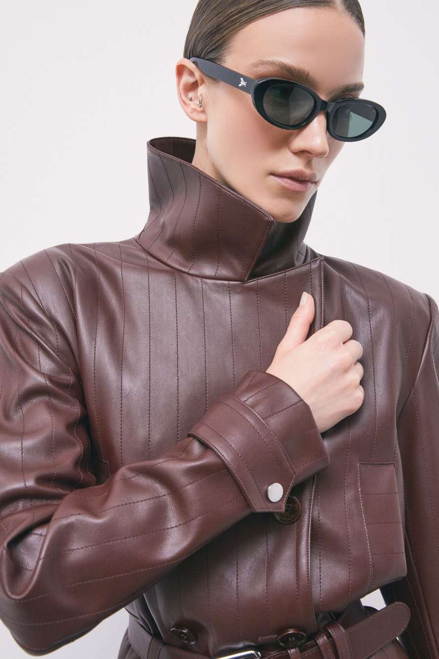 Belted cropped coated jacket, Brown, Patrizia Pepe